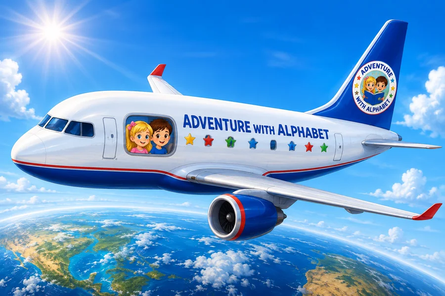 Adventure with Alphabet airplane flying above the world