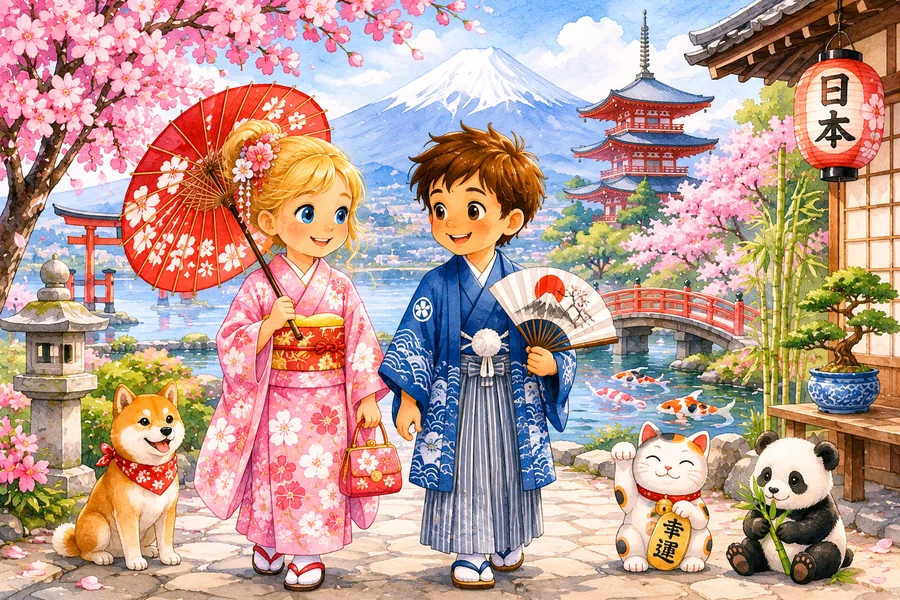 Kasia and Mati exploring Japan with cherry blossoms and Mount Fuji