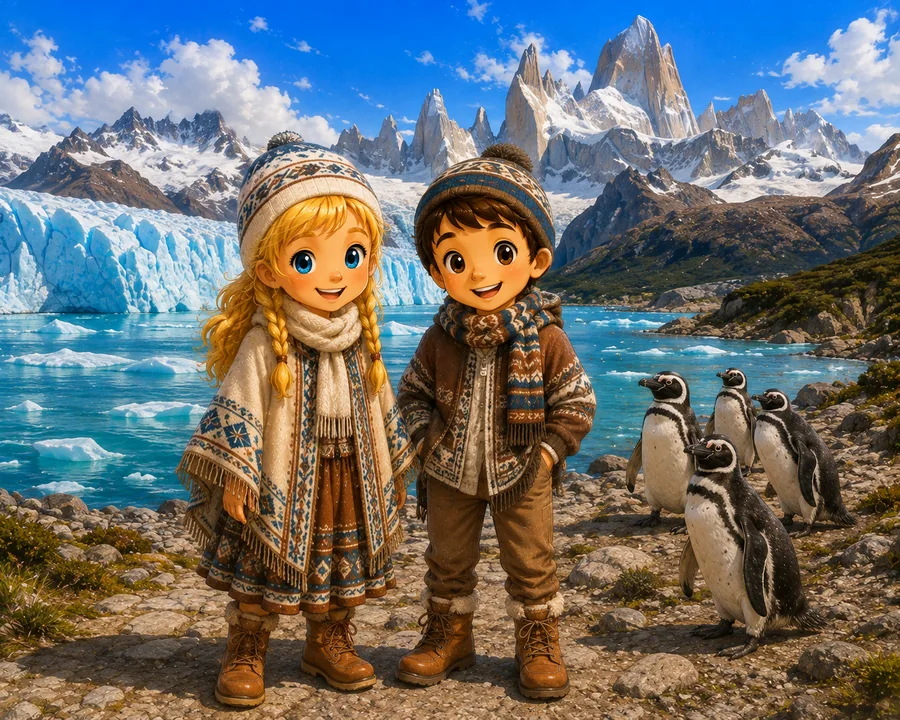 Kasia and Mati exploring Patagonia with glaciers, mountains, and penguins
