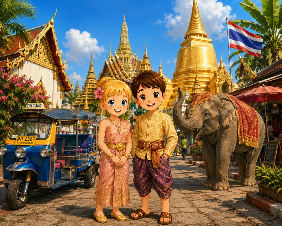 Kasia and Mati exploring Thailand with temples, a tuk-tuk, and an elephant